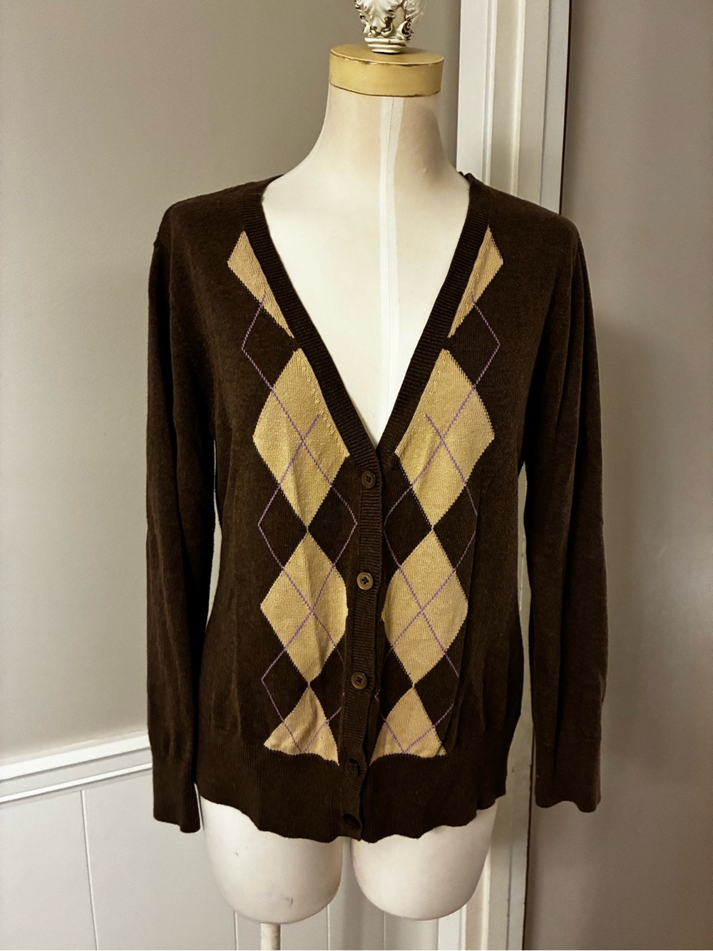 Vintage Laura Scott Brown Argyle Button-Up Cardigan with Tan and Purple Accents